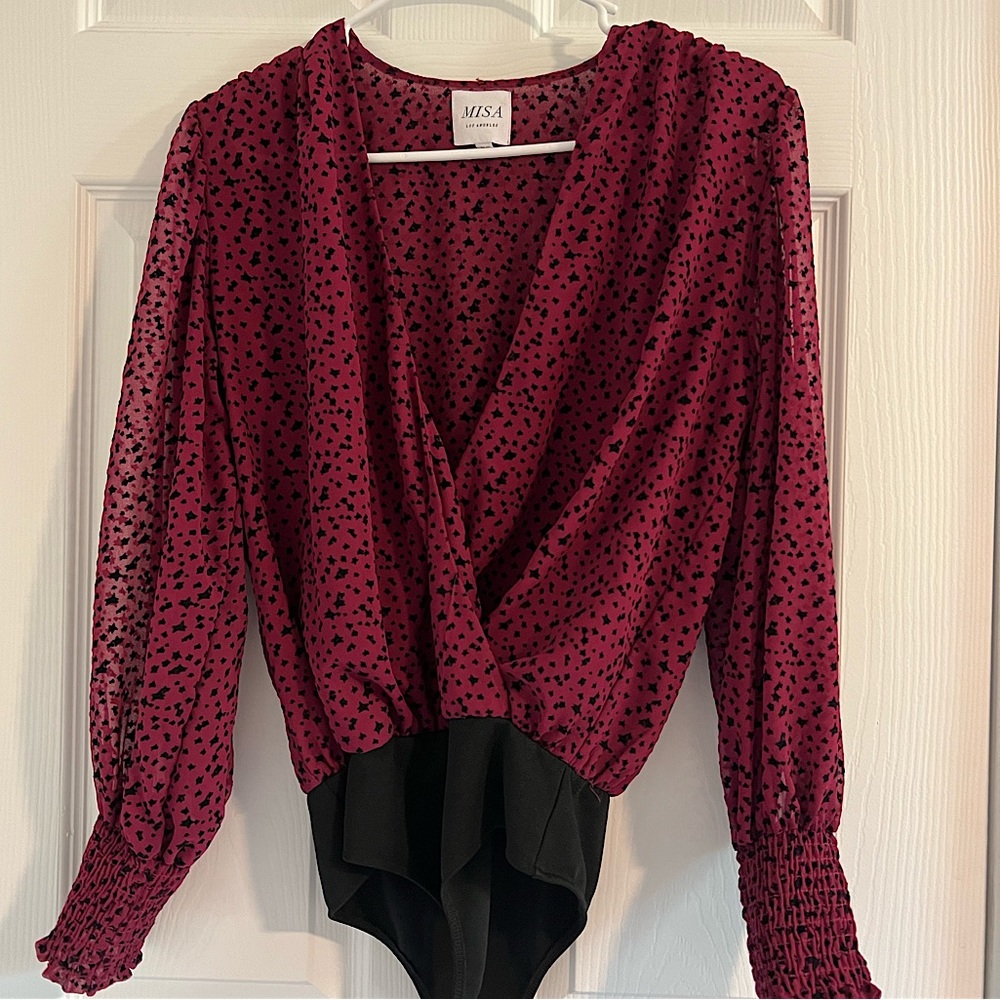 Misa Los Angeles, Bertha Bodysuit Size S Color Burgundy with Black Star Detail